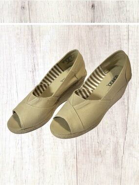 Bongo Peep Toe Espadrille Wedge Shoes Tan Canvas Boho Summer Size 9.5